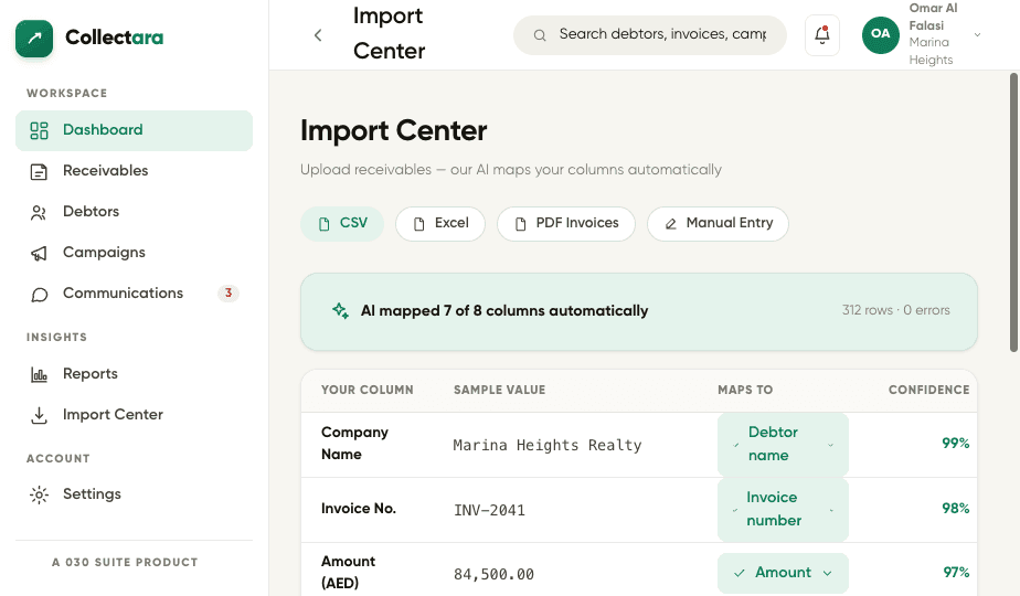 Collectara import center with automatic column mapping